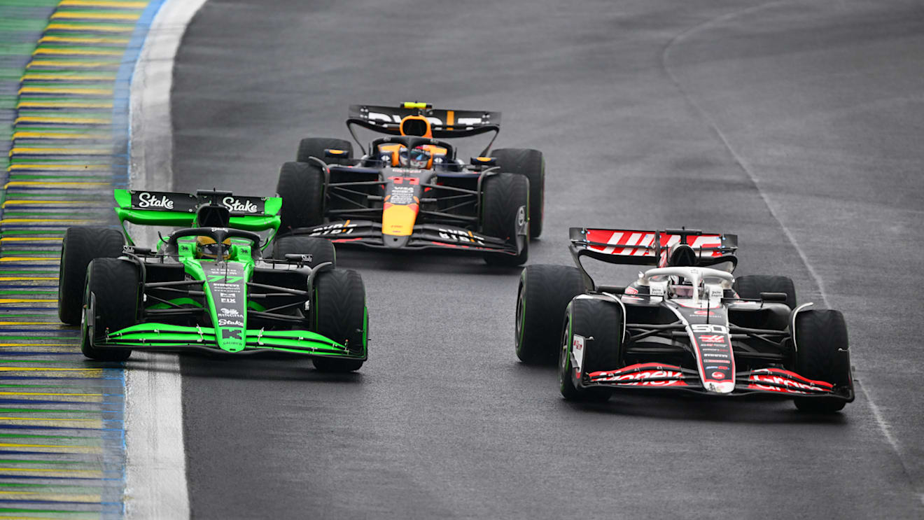 SAO PAULO, BRAZIL - NOVEMBER 03: Oliver Bearman of Great Britain driving the (50) Haas F1 VF-24 Ferrari leads Valtteri Bottas of Finland driving the (77) Kick Sauber C44 Ferrari during the F1 Grand Prix of Brazil at Autodromo Jose Carlos Pace on November 03, 2024 in Sao Paulo, Brazil. (Photo by Clive Mason/Getty Images)