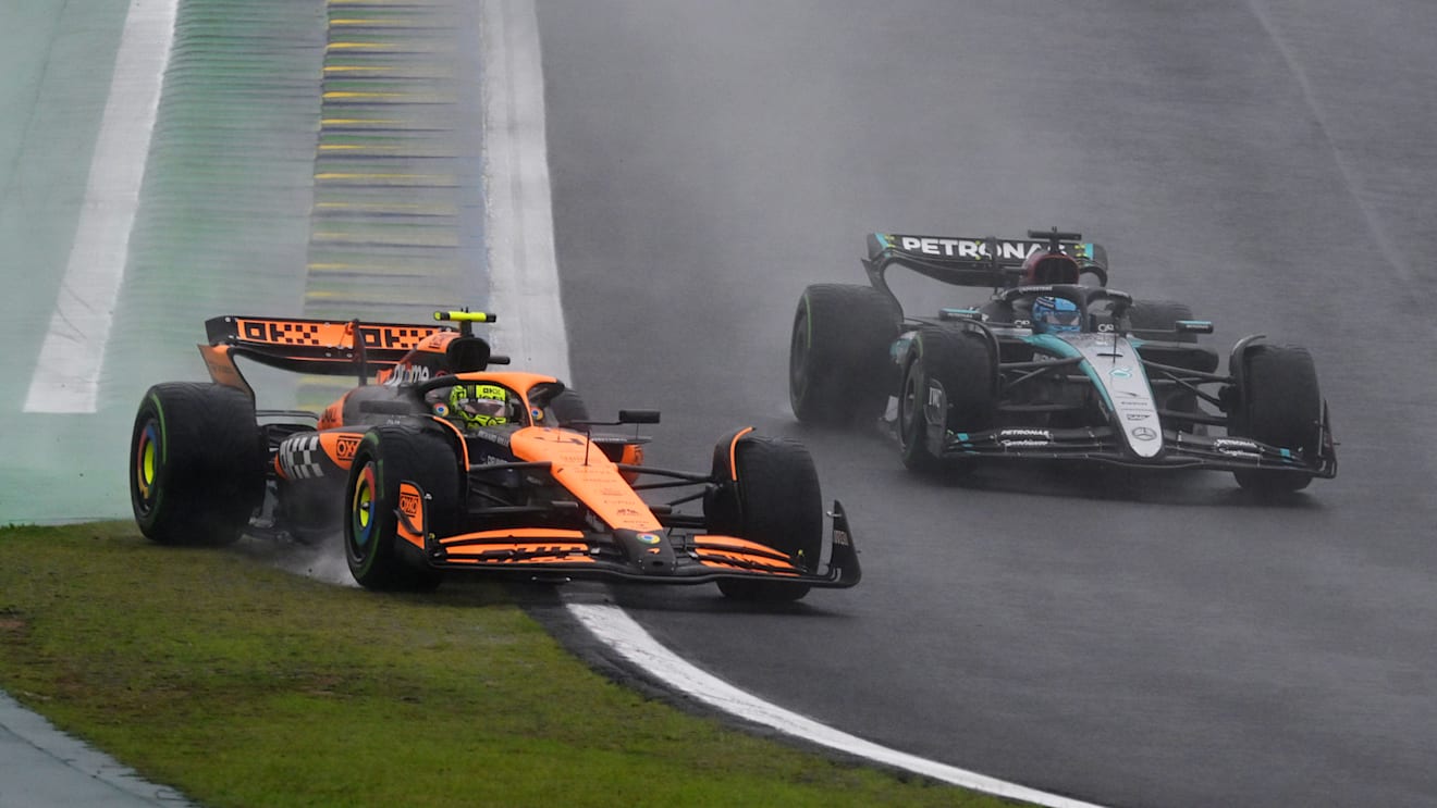 SAO PAULO, BRAZIL - NOVEMBER 03: Lando Norris of Great Britain driving the (4) McLaren MCL38 Mercedes rejoins the track ahead of George Russell of Great Britain driving the (63) Mercedes AMG Petronas F1 Team W15 during the F1 Grand Prix of Brazil at Autodromo Jose Carlos Pace on November 03, 2024 in Sao Paulo, Brazil. (Photo by Clive Mason/Getty Images)