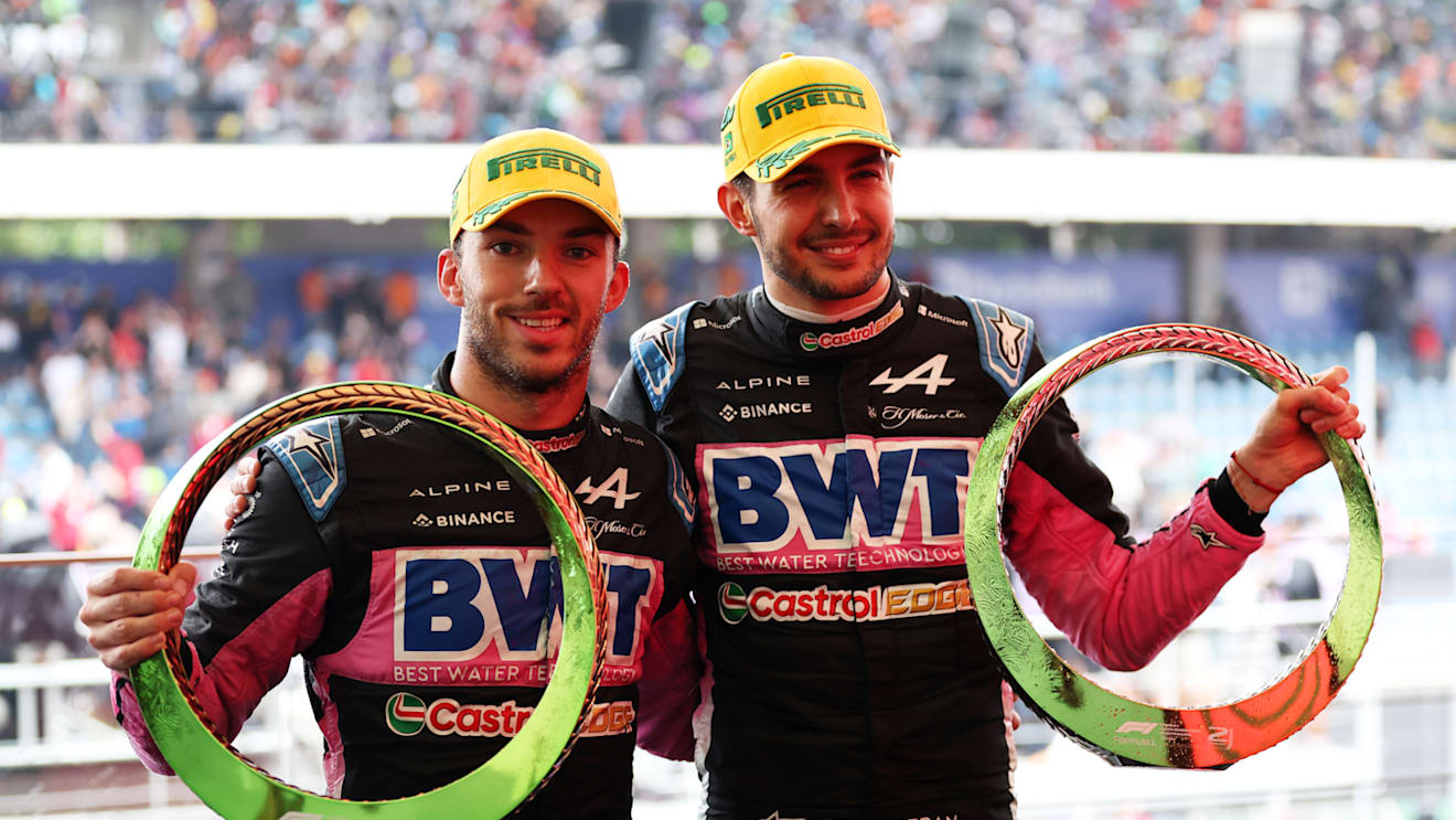 SAO PAULO, BRAZIL - NOVEMBER 03: Second placed Esteban Ocon of France and Alpine F1 and Third placed Pierre Gasly of France and Alpine F1 celebrate on the podium after the F1 Grand Prix of Brazil at Autodromo Jose Carlos Pace on November 03, 2024 in Sao Paulo, Brazil. (Photo by Lars Baron - Formula 1/Formula 1 via Getty Images)