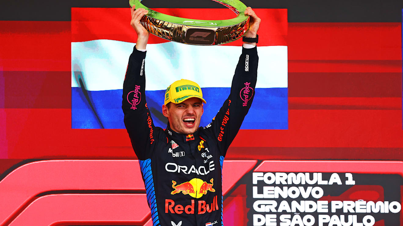 SAO PAULO, BRAZIL - NOVEMBER 03: Race winner Max Verstappen of the Netherlands and Oracle Red Bull Racing celebrates on the podium after the F1 Grand Prix of Brazil at Autodromo Jose Carlos Pace on November 03, 2024 in Sao Paulo, Brazil. (Photo by Mark Thompson/Getty Images)