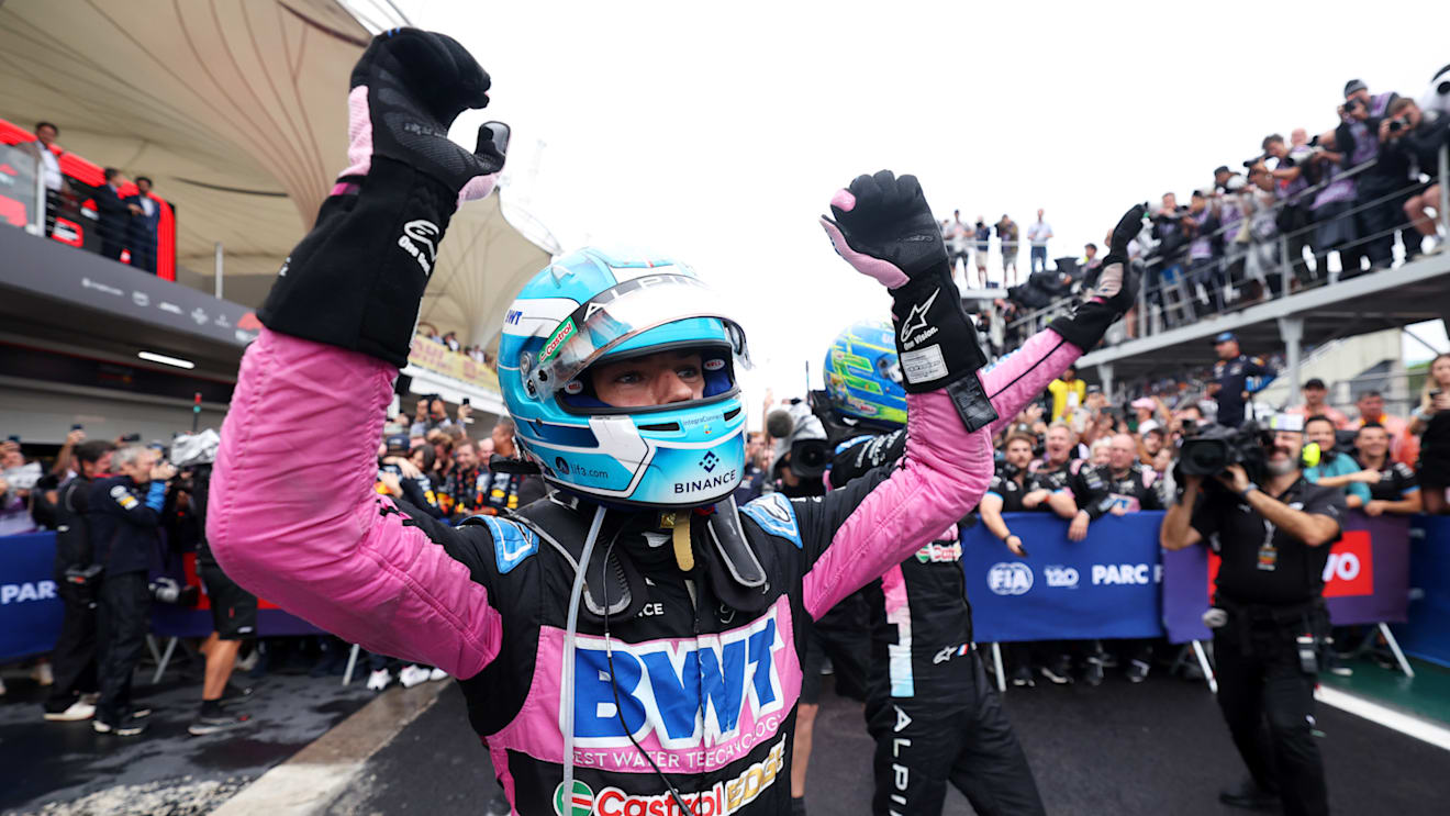 SAO PAULO, BRAZIL - NOVEMBER 03: Third placed Pierre Gasly of France and Alpine F1 and Second placed Esteban Ocon of France and Alpine F1 celebrate in parc ferme during the F1 Grand Prix of Brazil at Autodromo Jose Carlos Pace on November 03, 2024 in Sao Paulo, Brazil. (Photo by Lars Baron - Formula 1/Formula 1 via Getty Images)