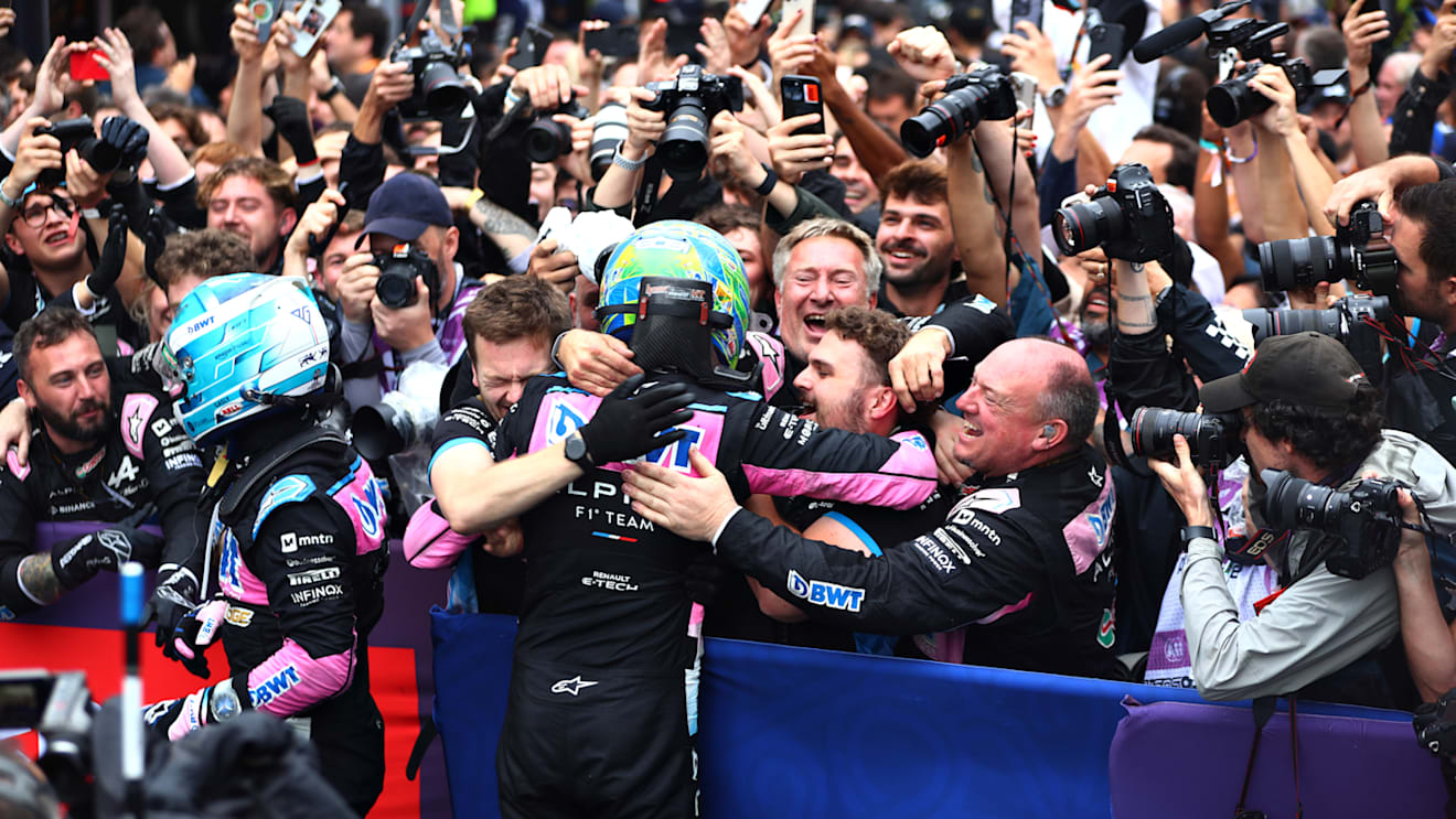 SAO PAULO, BRAZIL - NOVEMBER 03: Second placed Esteban Ocon of France and Alpine F1 and Third placed Pierre Gasly of France and Alpine F1 celebrate with their team in parc ferme during the F1 Grand Prix of Brazil at Autodromo Jose Carlos Pace on November 03, 2024 in Sao Paulo, Brazil. (Photo by Peter Fox - Formula 1/Formula 1 via Getty Images)