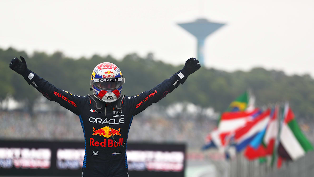 SAO PAULO, BRAZIL - NOVEMBER 03: Race winner Max Verstappen of the Netherlands and Oracle Red Bull Racing celebrates in parc ferme during the F1 Grand Prix of Brazil at Autodromo Jose Carlos Pace on November 03, 2024 in Sao Paulo, Brazil. (Photo by Peter Fox - Formula 1/Formula 1 via Getty Images)