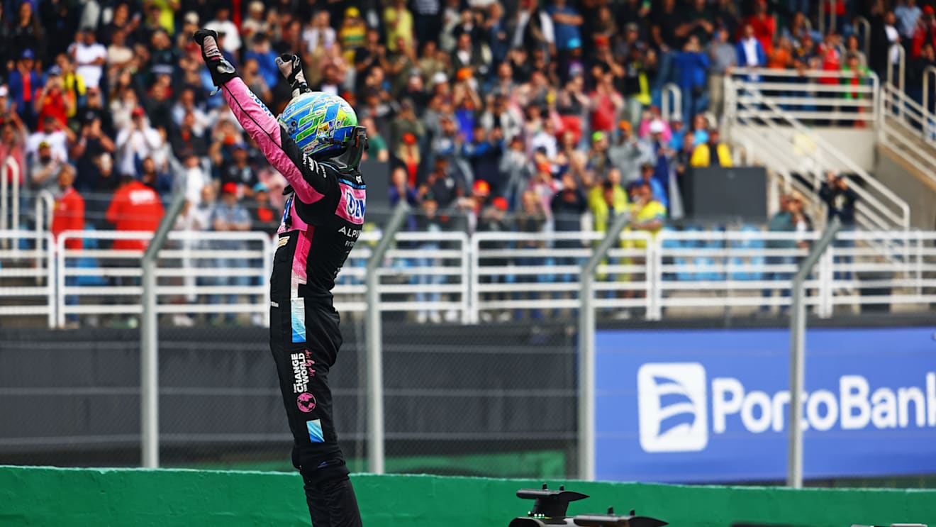 SAO PAULO, BRAZIL - NOVEMBER 03: Second placed Esteban Ocon of France and Alpine F1 celebrates in parc ferme during the F1 Grand Prix of Brazil at Autodromo Jose Carlos Pace on November 03, 2024 in Sao Paulo, Brazil. (Photo by Mark Thompson/Getty Images)