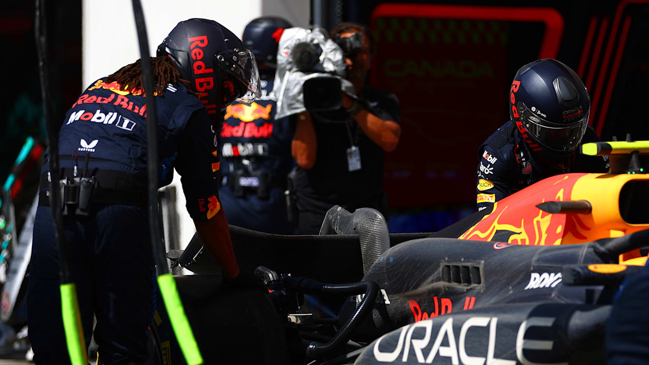 MONTREAL, QUEBEC - JUNE 09: The broken rear wing of Sergio Perez of Mexico and Oracle Red Bull Racing in the Pitlane during the F1 Grand Prix of Canada at Circuit Gilles Villeneuve on June 09, 2024 in Montreal, Quebec. (Photo by Bryn Lennon - Formula 1/Formula 1 via Getty Images)
