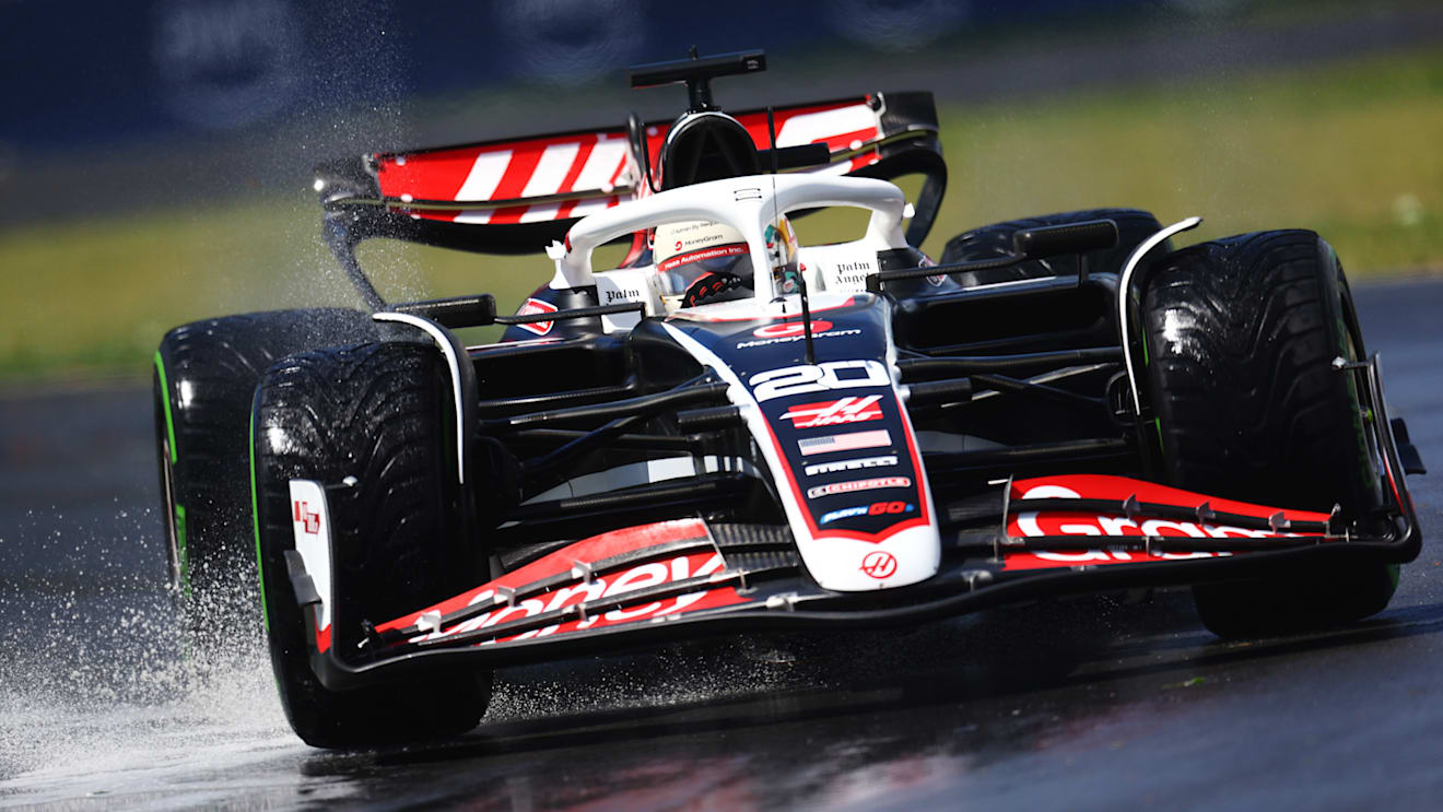 MONTREAL, QUEBEC - JUNE 07: Kevin Magnussen of Denmark driving the (20) Haas F1 VF-24 Ferrari runs through a puddle on track during practice ahead of the F1 Grand Prix of Canada at Circuit Gilles Villeneuve on June 07, 2024 in Montreal, Quebec. (Photo by Clive Rose/Getty Images)