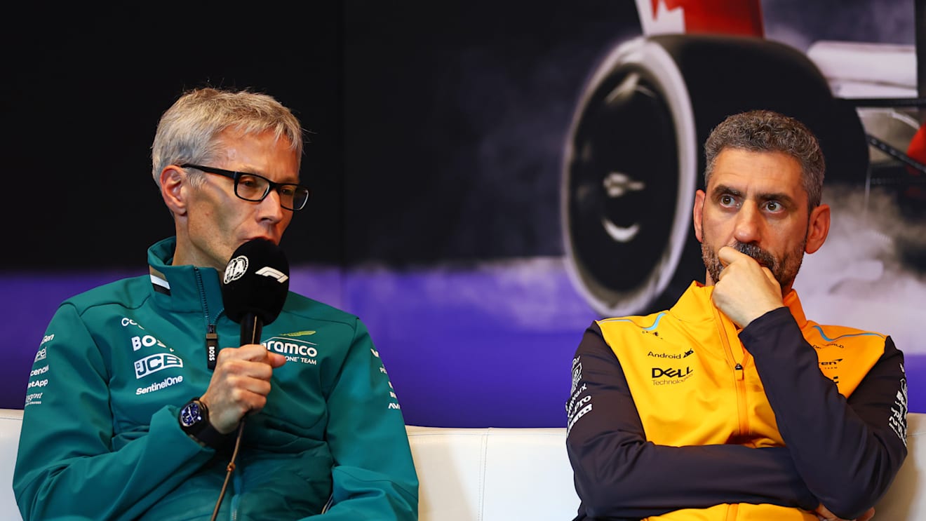 MONTREAL, QUEBEC - JUNE 07: Mike Krack, Team Principal of the Aston Martin F1 Team and McLaren Team Principal Andrea Stella attend the Team Principals Press Conference during practice ahead of the F1 Grand Prix of Canada at Circuit Gilles Villeneuve on June 07, 2024 in Montreal, Quebec. (Photo by Bryn Lennon/Getty Images)