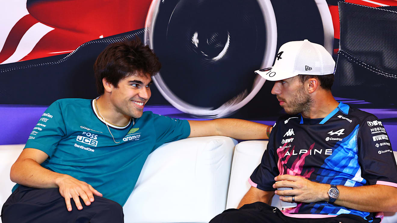 MONTREAL, QUEBEC - JUNE 06: Lance Stroll of Canada and Aston Martin F1 Team and Pierre Gasly of France and Alpine F1 attends the press conference during previews ahead of the F1 Grand Prix of Canada at Circuit Gilles Villeneuve on June 06, 2024 in Montreal, Quebec. (Photo by Clive Rose/Getty Images)