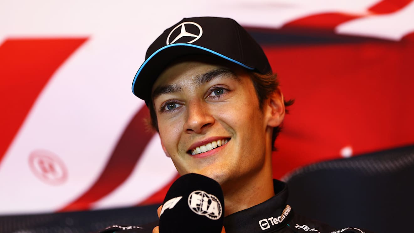 MONTREAL, QUEBEC - JUNE 08: Pole position qualifier George Russell of Great Britain and Mercedes attends the press conference after qualifying ahead of the F1 Grand Prix of Canada at Circuit Gilles Villeneuve on June 08, 2024 in Montreal, Quebec. (Photo by Clive Rose/Getty Images)