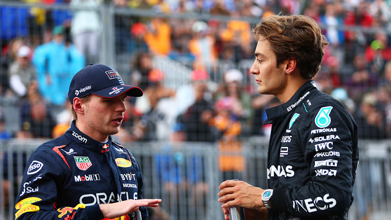 MONTREAL, QUEBEC - JUNE 08: Pole position qualifier George Russell of Great Britain and Mercedes and Second placed qualifier Max Verstappen of the Netherlands and Oracle Red Bull Racing in parc ferme after qualifying ahead of the F1 Grand Prix of Canada at Circuit Gilles Villeneuve on June 08, 2024 in Montreal, Quebec. (Photo by Bryn Lennon - Formula 1/Formula 1 via Getty Images)