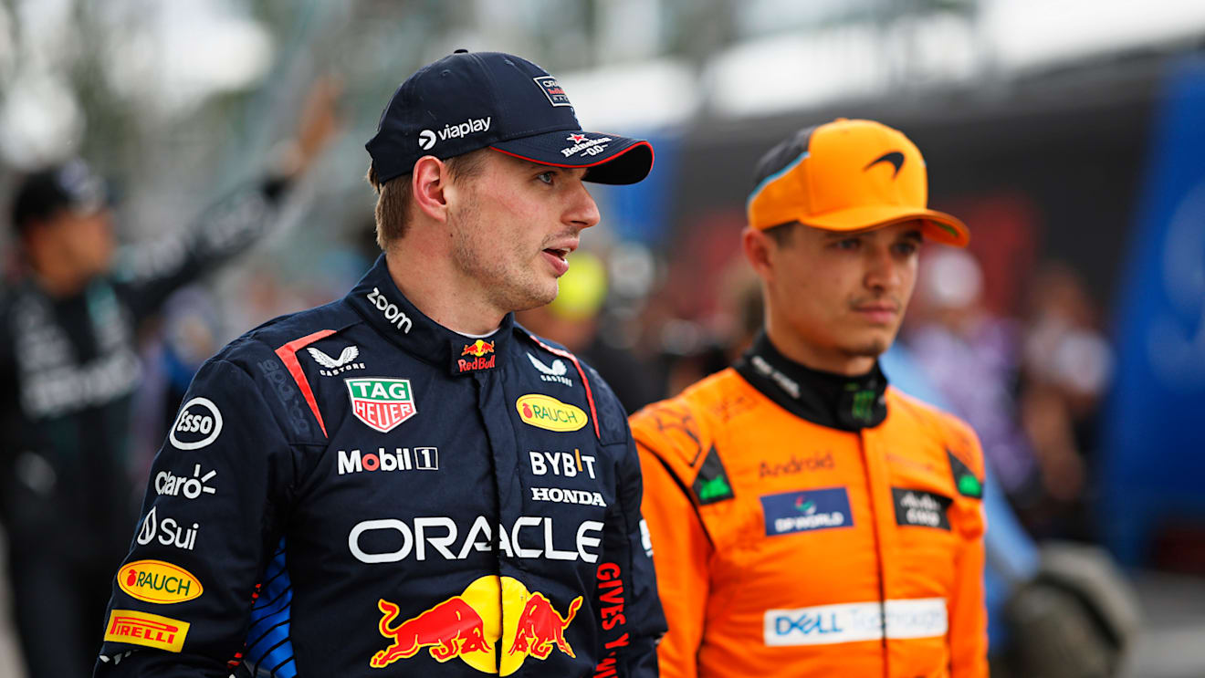 MONTREAL, QUEBEC - JUNE 08: Second placed qualifier Max Verstappen of the Netherlands and Oracle Red Bull Racing and Third placed qualifier Lando Norris of Great Britain and McLaren in parc ferme after qualifying ahead of the F1 Grand Prix of Canada at Circuit Gilles Villeneuve on June 08, 2024 in Montreal, Quebec. (Photo by Chris Graythen/Getty Images)