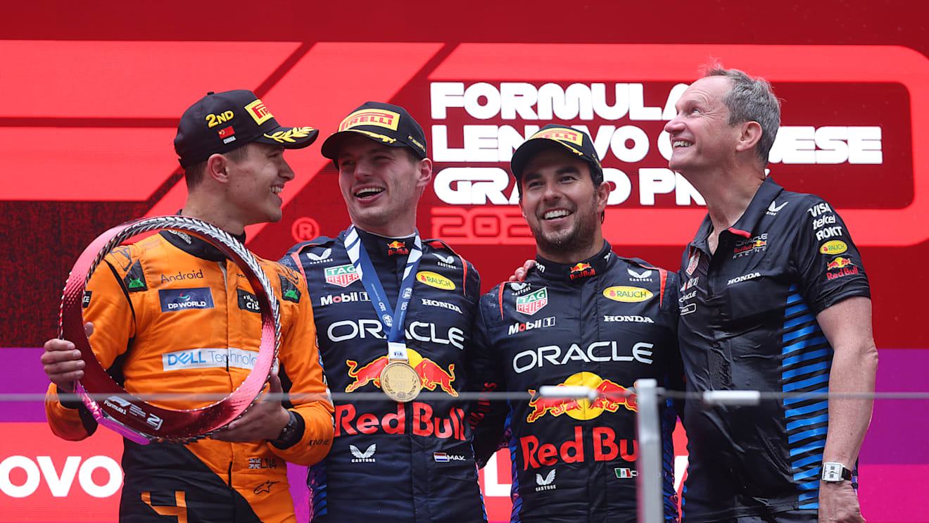SHANGHAI, CHINA - APRIL 21: Race winner Max Verstappen of the Netherlands and Oracle Red Bull Racing, Second placed Lando Norris of Great Britain and McLaren, Third placed Sergio Perez of Mexico and Oracle Red Bull Racing and Oracle Red Bull Racing Head of Car Engineering Paul Monaghan celebrate on the podium during the F1 Grand Prix of China at Shanghai International Circuit on April 21, 2024 in Shanghai, China. (Photo by Lars Baron/Getty Images)
