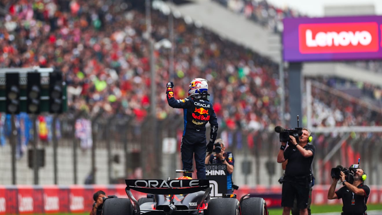 SHANGHAI, CHINA - APRIL 21: Max Verstappen of Oracle Red Bull Racing and The Netherlands celebrates finishing in first position in parc ferme during the F1 Grand Prix of China at Shanghai International Circuit on April 21, 2024 in Shanghai, China. (Photo by Peter Fox/Getty Images)