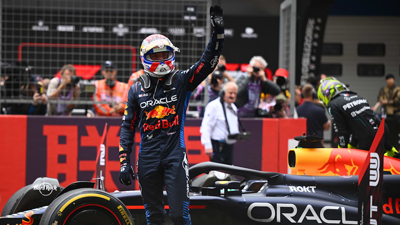 SHANGHAI, CHINA - APRIL 20: Sprint winner Max Verstappen of the Netherlands and Oracle Red Bull Racing celebrates in parc ferme during the Sprint ahead of the F1 Grand Prix of China at Shanghai International Circuit on April 20, 2024 in Shanghai, China. (Photo by Clive Mason - Formula 1/Formula 1 via Getty Images)