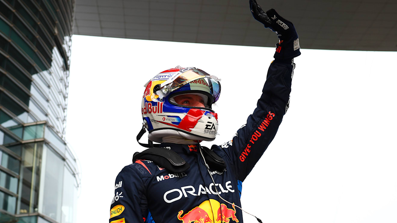 SHANGHAI, CHINA - APRIL 20: Pole position qualifier Max Verstappen of the Netherlands and Oracle Red Bull Racing celebrates in parc ferme after qualifying ahead of the F1 Grand Prix of China at Shanghai International Circuit on April 20, 2024 in Shanghai, China. (Photo by Bryn Lennon - Formula 1/Formula 1 via Getty Images)
