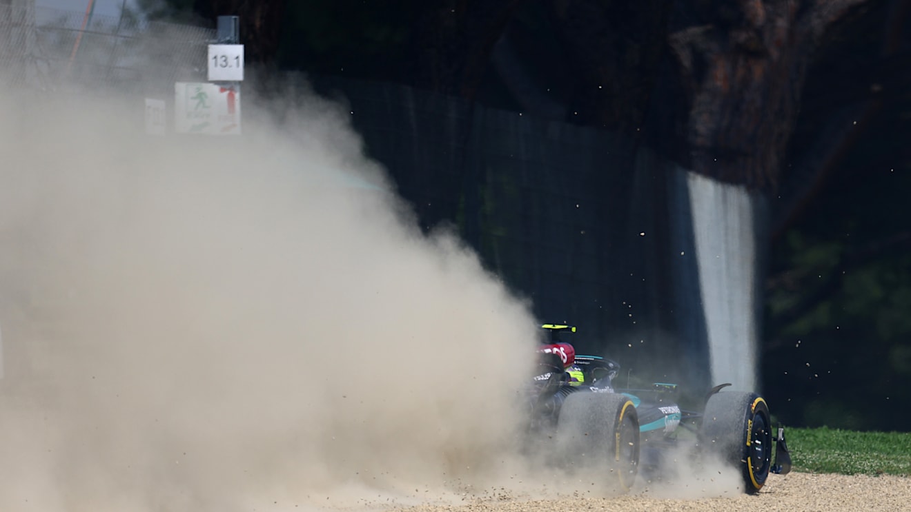 IMOLA, ITALY - MAY 19: Lewis Hamilton of Great Britain driving the (44) Mercedes AMG Petronas F1 Team W15 runs onto the gravel during the F1 Grand Prix of Emilia-Romagna at Autodromo Enzo e Dino Ferrari Circuit on May 19, 2024 in Imola, Italy. (Photo by Clive Rose/Getty Images)