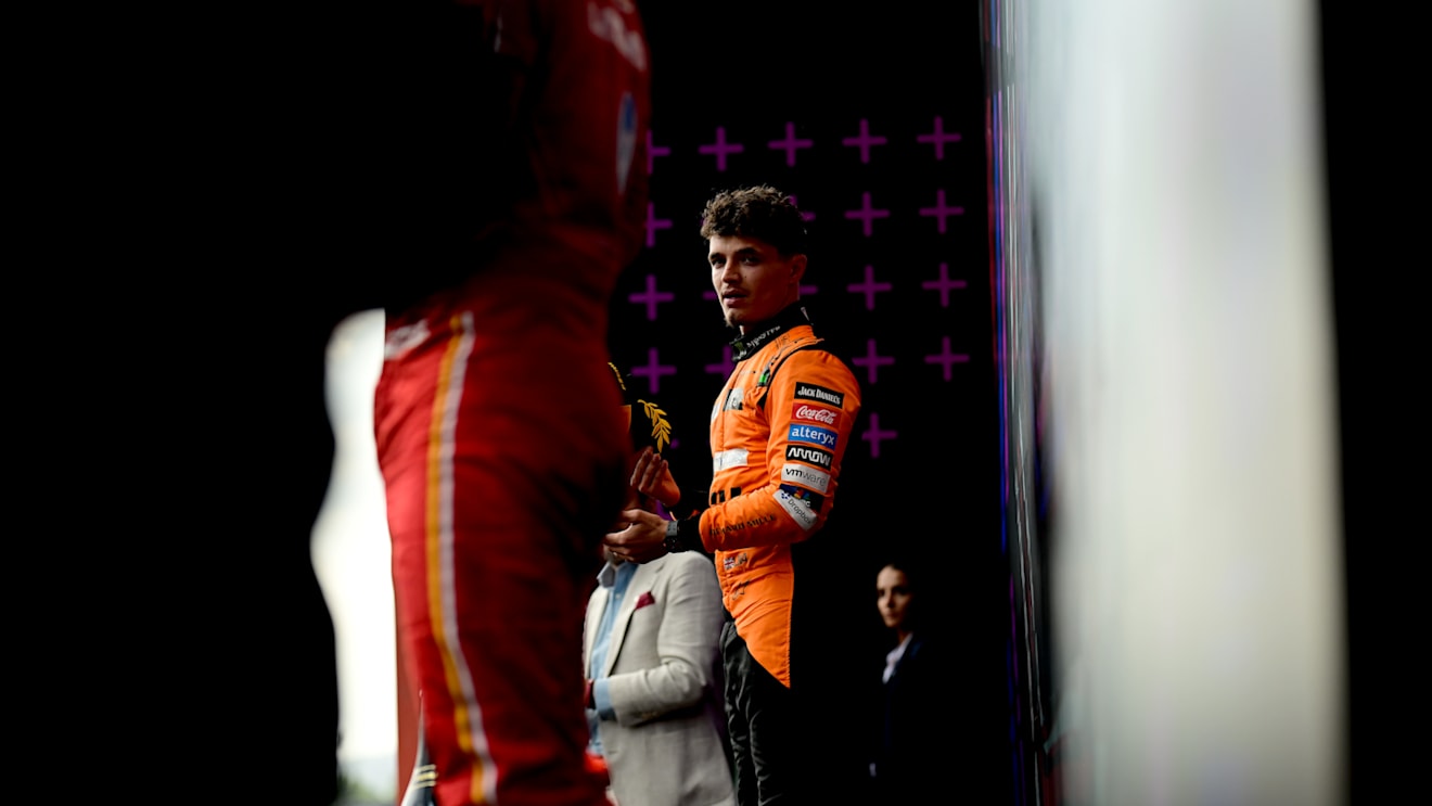 IMOLA, ITALY - MAY 19: Second placed Lando Norris of Great Britain and McLaren celebrates on the podium during the F1 Grand Prix of Emilia-Romagna at Autodromo Enzo e Dino Ferrari Circuit on May 19, 2024 in Imola, Italy. (Photo by Mario Renzi - Formula 1/Formula 1 via Getty Images)