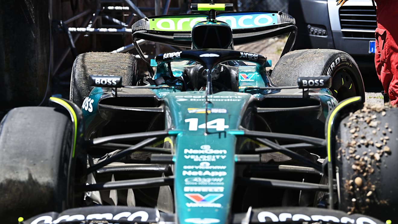 IMOLA, ITALY - MAY 18: A detail view of the car of Fernando Alonso of Spain and Aston Martin F1 Team after he crashed during final practice ahead of the F1 Grand Prix of Emilia-Romagna at Autodromo Enzo e Dino Ferrari Circuit on May 18, 2024 in Imola, Italy. (Photo by James Sutton - Formula 1/Formula 1 via Getty Images)