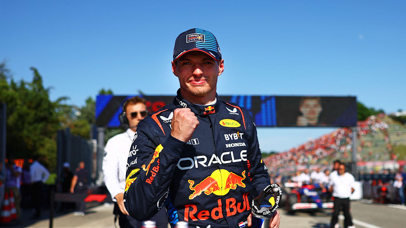 IMOLA, ITALY - MAY 18: Pole position qualifier Max Verstappen of the Netherlands and Oracle Red Bull Racing celebrates in parc ferme during qualifying ahead of the F1 Grand Prix of Emilia-Romagna at Autodromo Enzo e Dino Ferrari Circuit on May 18, 2024 in Imola, Italy. (Photo by Mark Thompson/Getty Images)