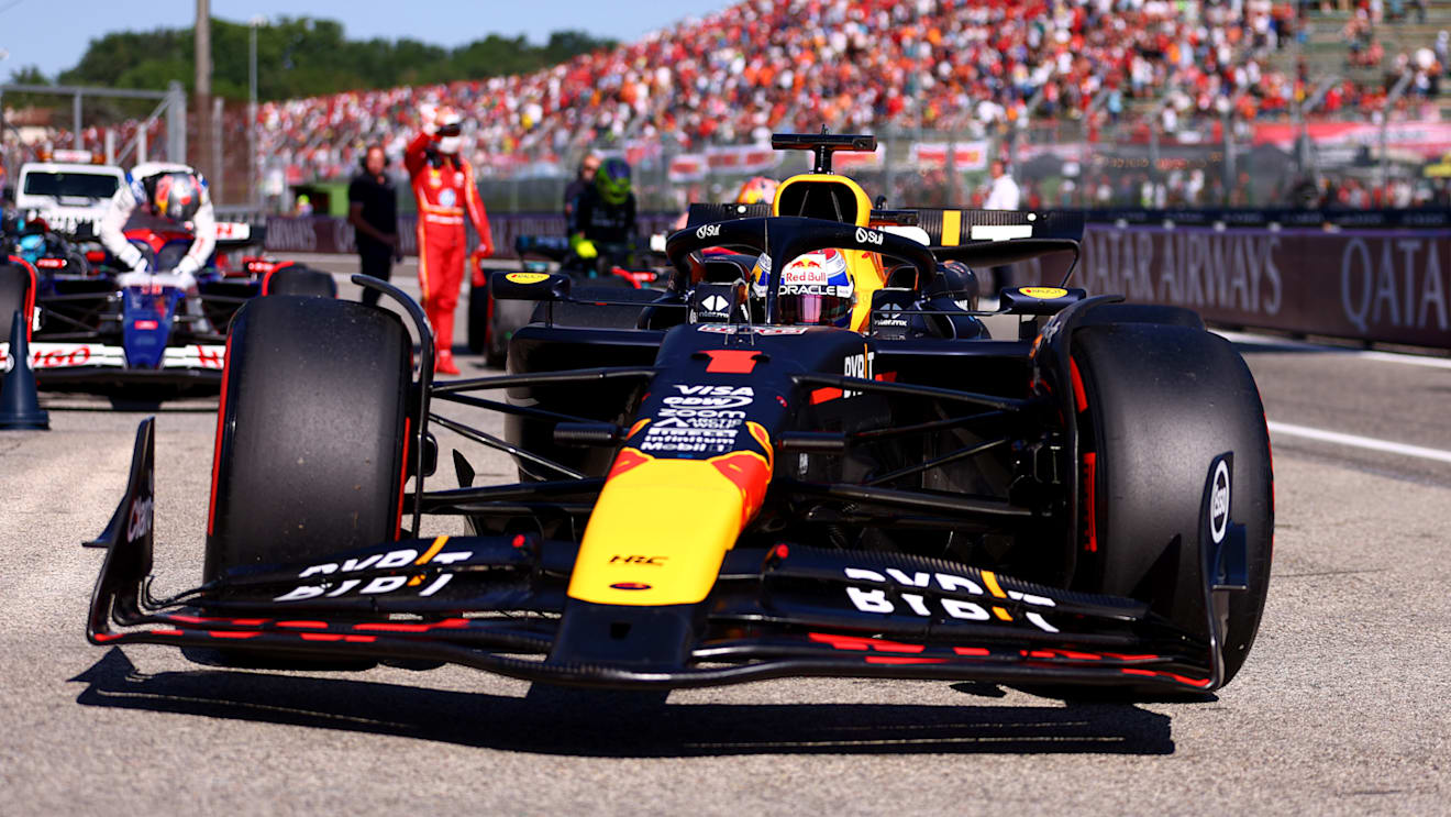 IMOLA, ITALY - MAY 18: Pole position qualifier Max Verstappen of the Netherlands and Oracle Red Bull Racing stops in parc ferme during qualifying ahead of the F1 Grand Prix of Emilia-Romagna at Autodromo Enzo e Dino Ferrari Circuit on May 18, 2024 in Imola, Italy. (Photo by Bryn Lennon - Formula 1/Formula 1 via Getty Images)