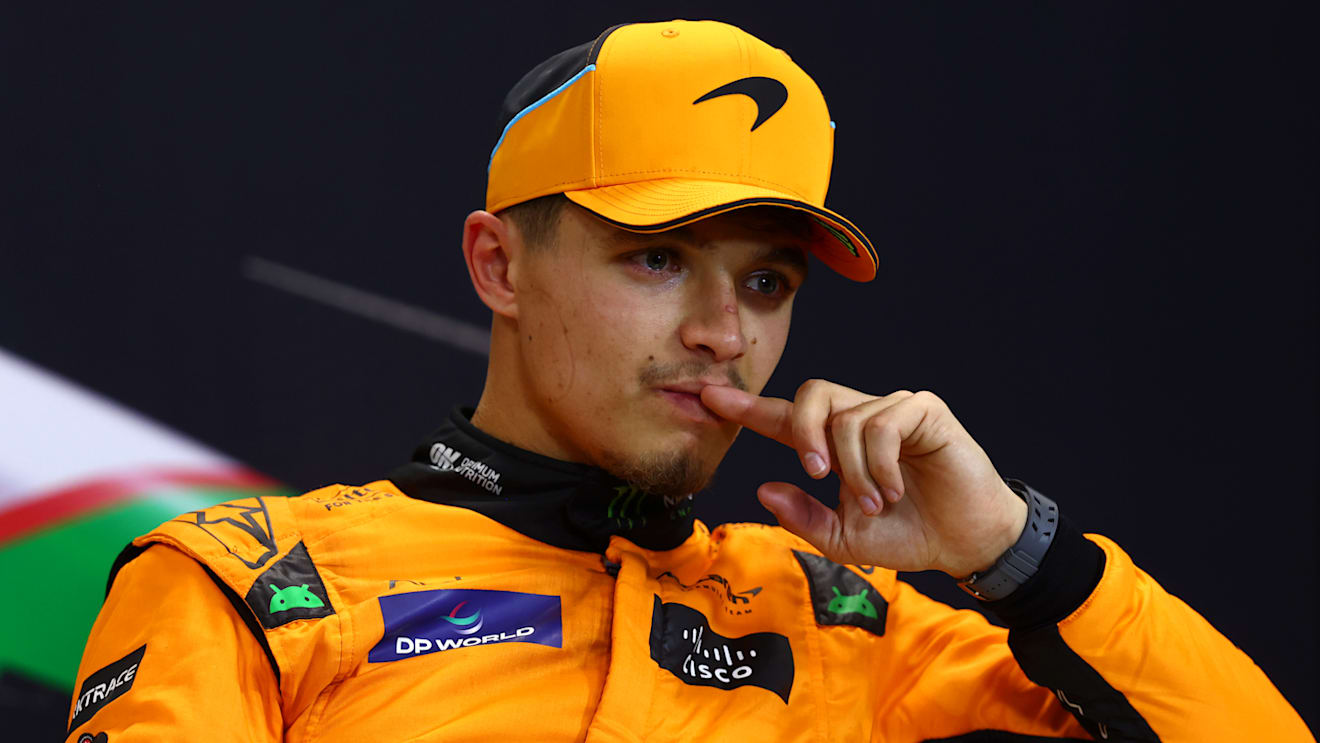 IMOLA, ITALY - MAY 18: Third placed qualifier Lando Norris of Great Britain and McLaren attends the press conference after qualifying ahead of the F1 Grand Prix of Emilia-Romagna at Autodromo Enzo e Dino Ferrari Circuit on May 18, 2024 in Imola, Italy. (Photo by Lars Baron/Getty Images)