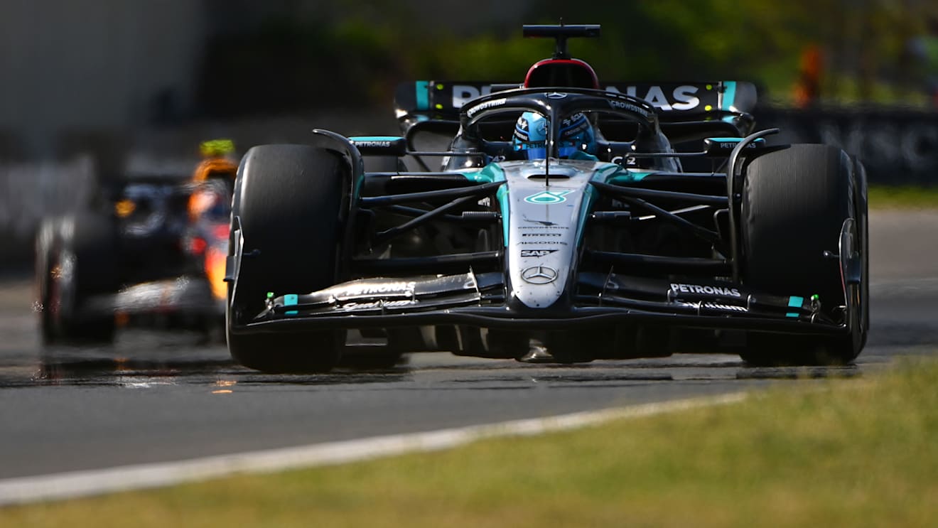 BUDAPEST, HUNGARY - JULY 21: George Russell of Great Britain driving the (63) Mercedes AMG Petronas F1 Team W15 on track  during the F1 Grand Prix of Hungary at Hungaroring on July 21, 2024 in Budapest, Hungary. (Photo by James Sutton - Formula 1/Formula 1 via Getty Images)