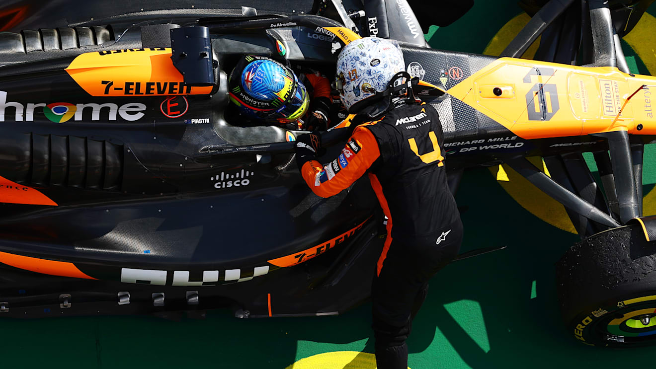 BUDAPEST, HUNGARY - JULY 21: Race winner Oscar Piastri of Australia and McLaren and Second placed Lando Norris of Great Britain and McLaren celebrate in parc ferme during the F1 Grand Prix of Hungary at Hungaroring on July 21, 2024 in Budapest, Hungary. (Photo by Mark Thompson/Getty Images)