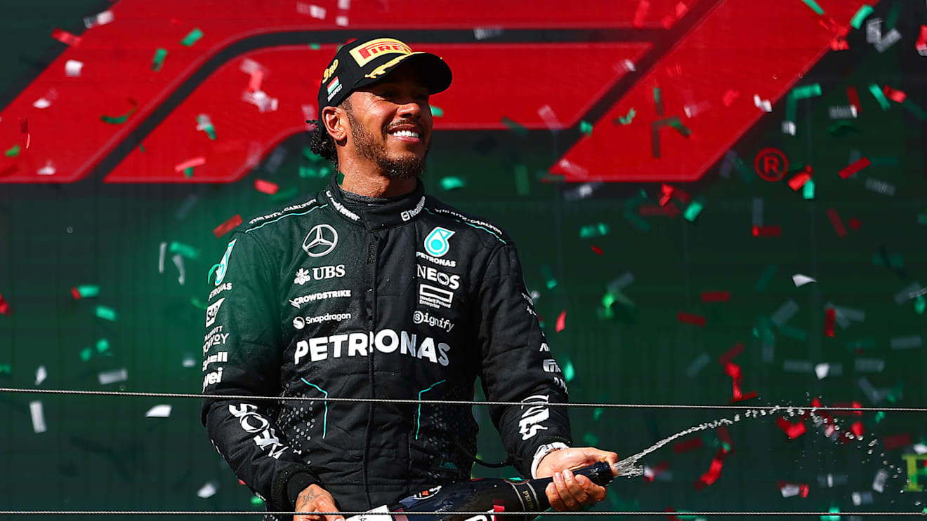 BUDAPEST, HUNGARY - JULY 21: Third placed Lewis Hamilton of Great Britain and Mercedes celebrates on the podium during the F1 Grand Prix of Hungary at Hungaroring on July 21, 2024 in Budapest, Hungary. (Photo by Joe Portlock - Formula 1/Formula 1 via Getty Images)