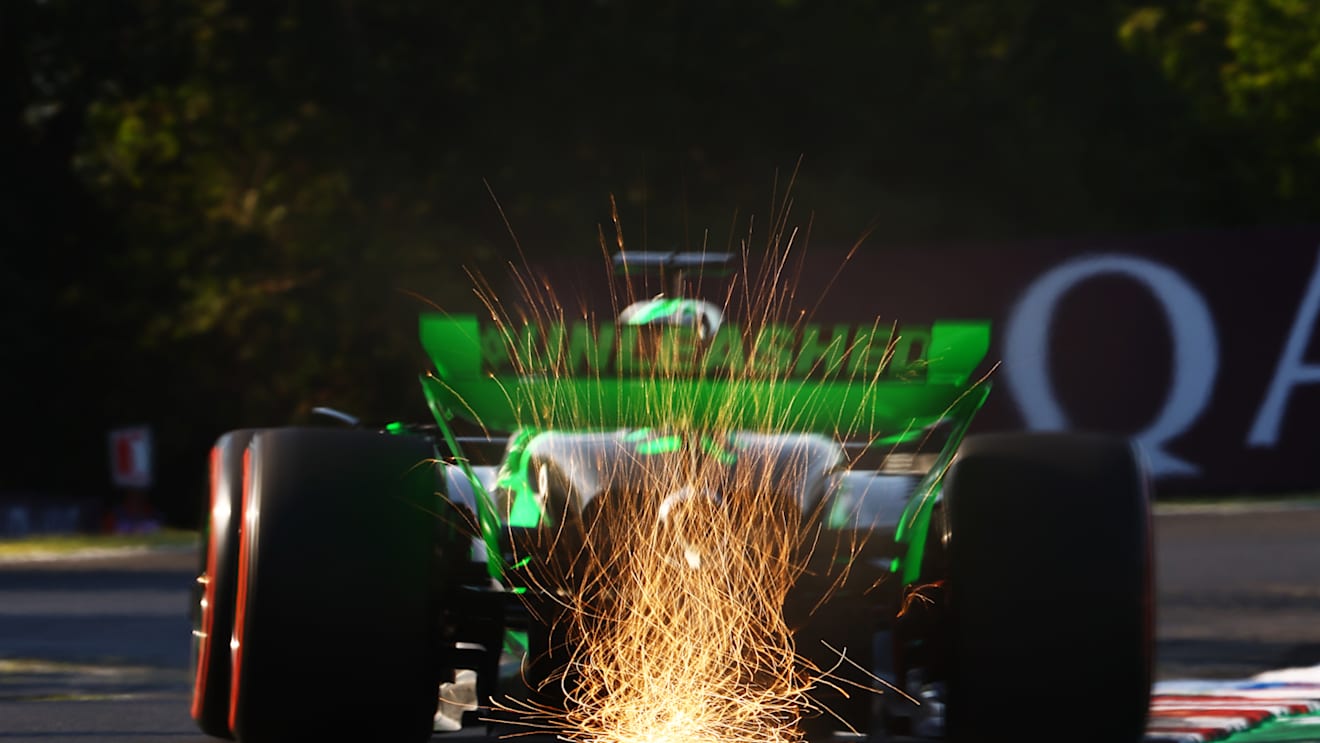 BUDAPEST, HUNGARY - JULY 19: Sparks fly behind Valtteri Bottas of Finland driving the (77) Kick Sauber C44 Ferrari during practice ahead of the F1 Grand Prix of Hungary at Hungaroring on July 19, 2024 in Budapest, Hungary. (Photo by Mark Thompson/Getty Images)