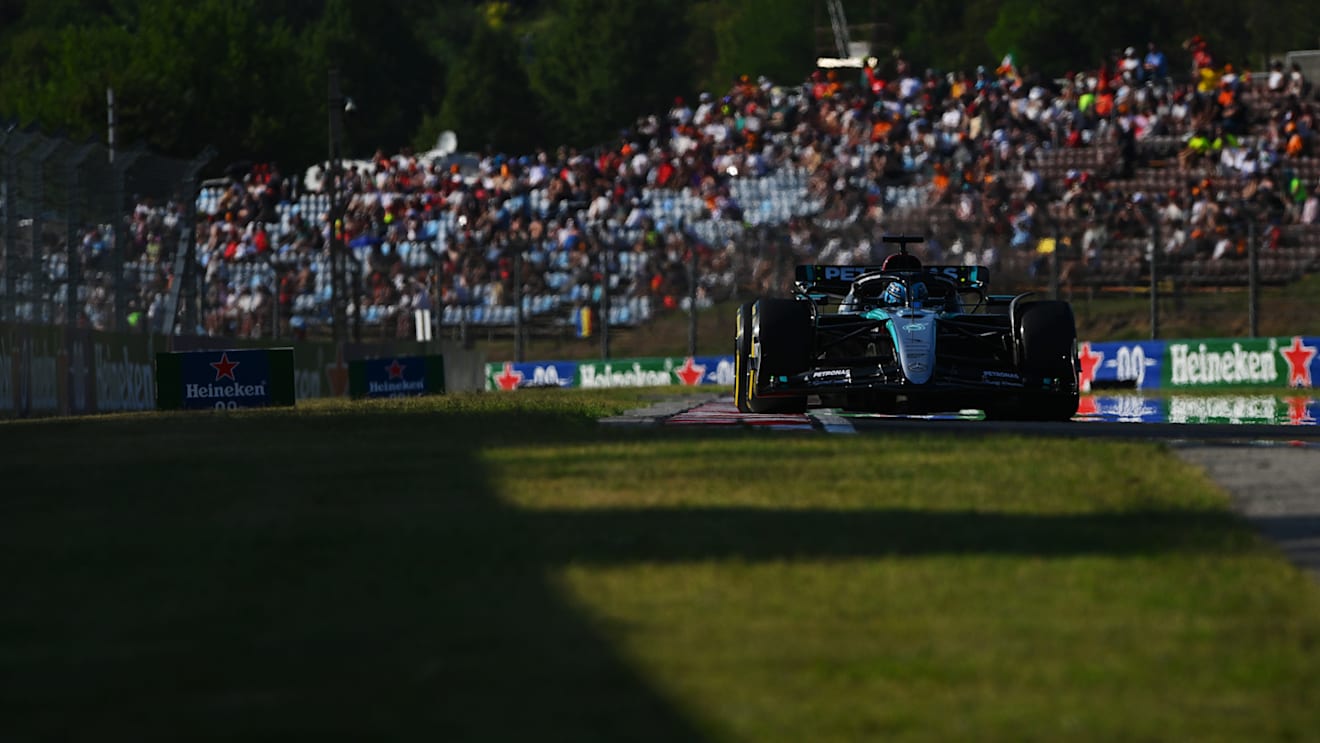 BUDAPEST, HUNGARY - JULY 19: George Russell of Great Britain driving the (63) Mercedes AMG Petronas F1 Team W15 on track during practice ahead of the F1 Grand Prix of Hungary at Hungaroring on July 19, 2024 in Budapest, Hungary. (Photo by Rudy Carezzevoli/Getty Images)