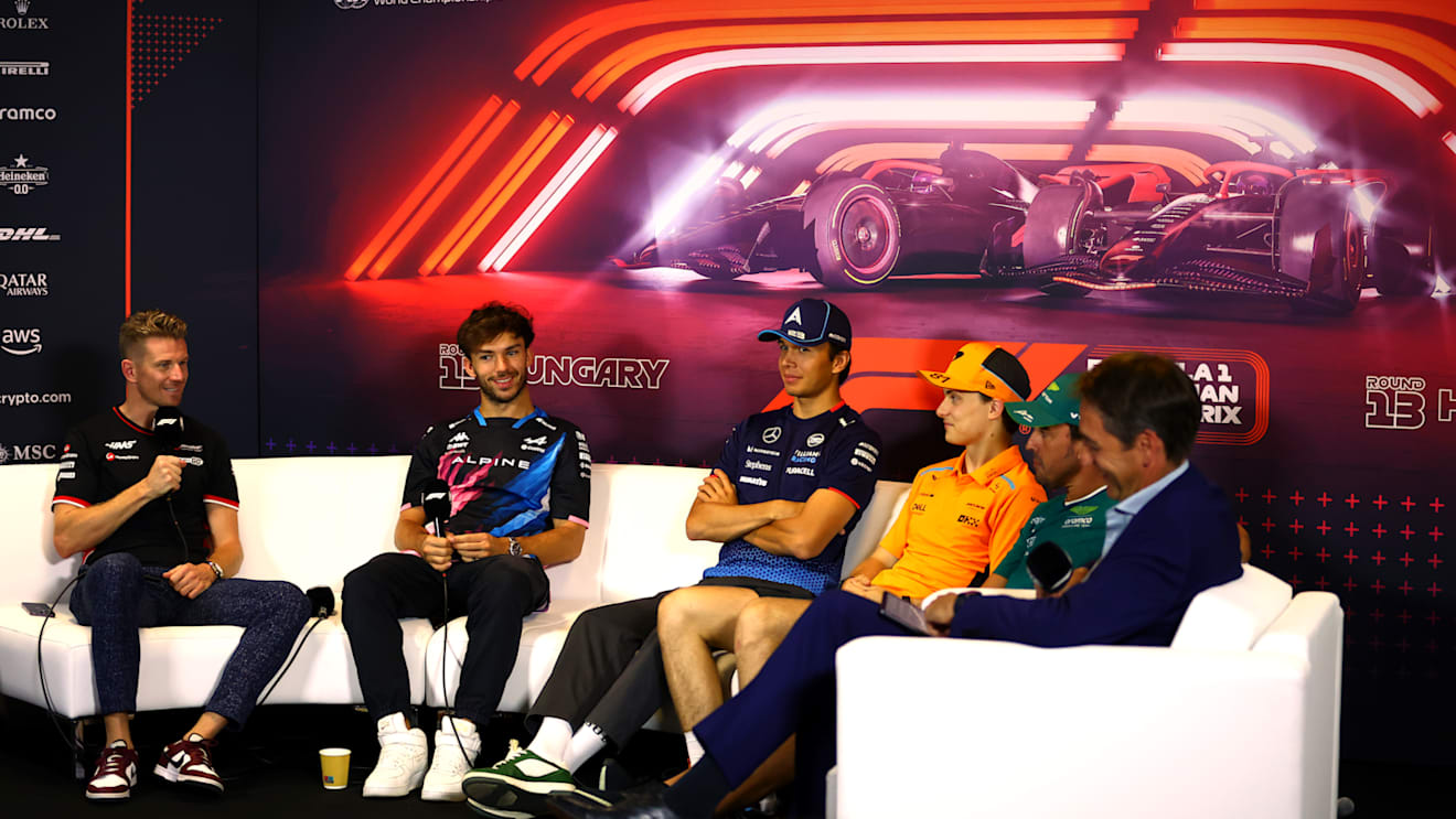 BUDAPEST, HUNGARY - JULY 18: Nico Hulkenberg of Germany and Haas F1, Pierre Gasly of France and Alpine F1, Alexander Albon of Thailand and Williams, Oscar Piastri of Australia and McLaren and Fernando Alonso of Spain and Aston Martin F1 Team attend the Drivers Press Conference during previews ahead of the F1 Grand Prix of Hungary at Hungaroring on July 18, 2024 in Budapest, Hungary. (Photo by Bryn Lennon/Getty Images)