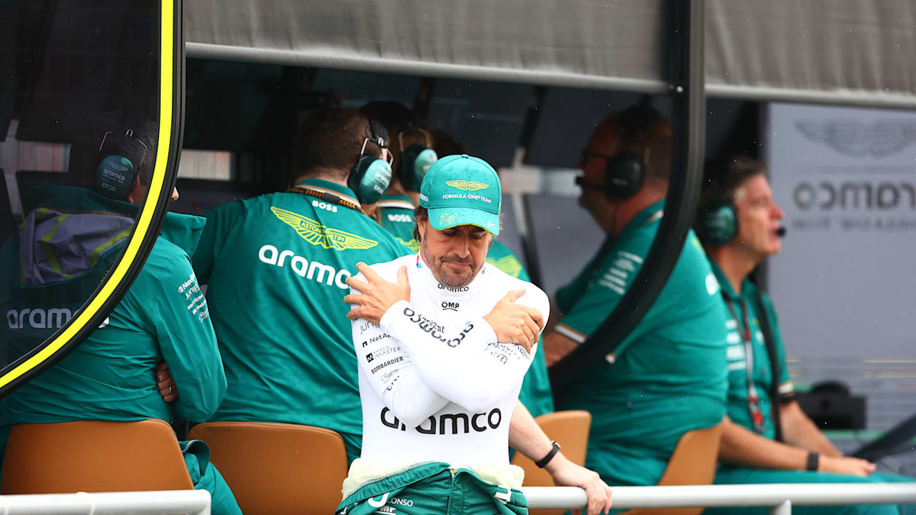 BUDAPEST, HUNGARY - JULY 20: Fernando Alonso of Spain and Aston Martin F1 Team looks on in the Pitlane during qualifying ahead of the F1 Grand Prix of Hungary at Hungaroring on July 20, 2024 in Budapest, Hungary. (Photo by Bryn Lennon - Formula 1/Formula 1 via Getty Images)