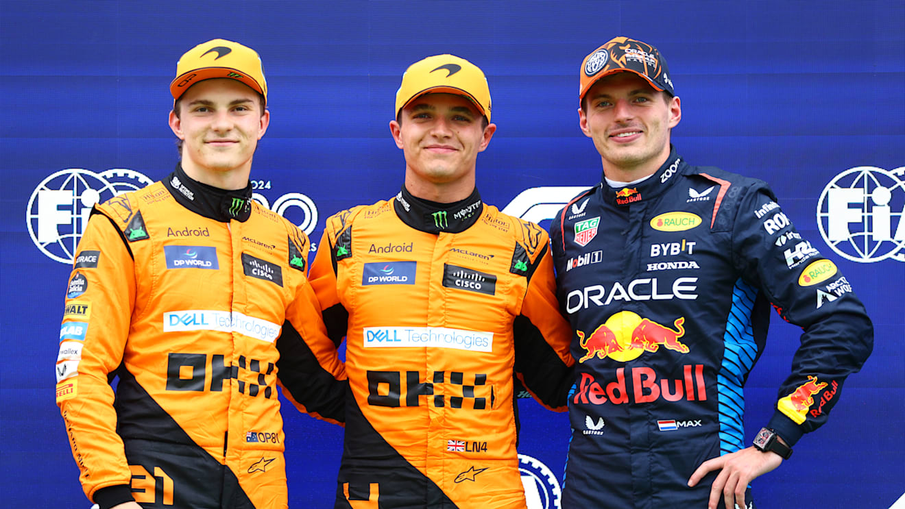 BUDAPEST, HUNGARY - JULY 20: Pole position qualifier Lando Norris of Great Britain and McLaren, Second placed qualifier Oscar Piastri of Australia and McLaren and Third placed qualifier Max Verstappen of the Netherlands and Oracle Red Bull Racing pose for a photo in parc ferme during qualifying ahead of the F1 Grand Prix of Hungary at Hungaroring on July 20, 2024 in Budapest, Hungary. (Photo by Bryn Lennon - Formula 1/Formula 1 via Getty Images)
