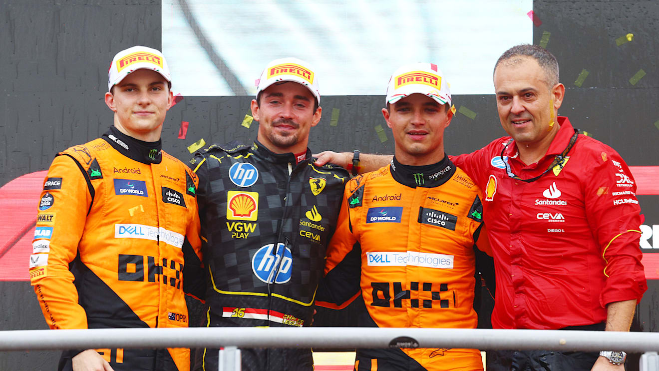 MONZA, ITALY - SEPTEMBER 01: Race winner Charles Leclerc of Monaco and Ferrari, with Second placed Oscar Piastri of Australia and McLaren, Third placed Lando Norris of Great Britain and McLaren and Diego Ioverno of Ferrari during the F1 Grand Prix of Italy at Autodromo Nazionale Monza on September 01, 2024 in Monza, Italy. (Photo by Clive Rose/Getty Images)
