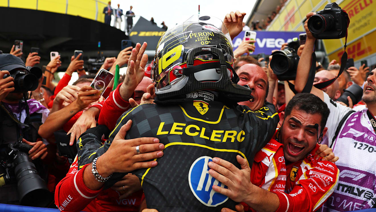 MONZA, ITALY - SEPTEMBER 01: Race winner Charles Leclerc of Monaco and Ferrari celebrates in parc ferme during the F1 Grand Prix of Italy at Autodromo Nazionale Monza on September 01, 2024 in Monza, Italy. (Photo by Bryn Lennon - Formula 1/Formula 1 via Getty Images)