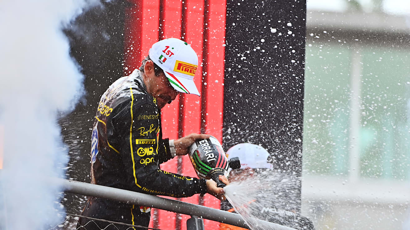 MONZA, ITALY - SEPTEMBER 01: Race winner Charles Leclerc of Monaco and Ferrari celebrates on the podium during the F1 Grand Prix of Italy at Autodromo Nazionale Monza on September 01, 2024 in Monza, Italy. (Photo by James Sutton - Formula 1/Formula 1 via Getty Images)