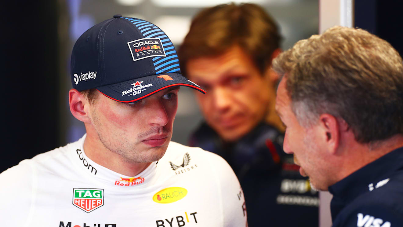 MONZA, ITALY - AUGUST 30: Max Verstappen of the Netherlands and Oracle Red Bull Racing talks to Oracle Red Bull Racing Team Principal Christian Horner in the garage during practice ahead of the F1 Grand Prix of Italy at Autodromo Nazionale Monza on August 30, 2024 in Monza, Italy. (Photo by Peter Fox - Formula 1/Formula 1 via Getty Images)