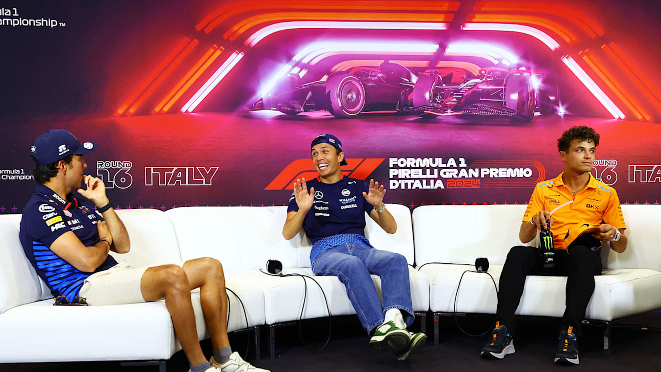 MONZA, ITALY - AUGUST 29: (L-R) Sergio Perez of Mexico and Oracle Red Bull Racing, Alexander Albon of Thailand and Williams, and Lando Norris of Great Britain and McLaren attend the Drivers Press Conference during previews ahead of the F1 Grand Prix of Italy at Autodromo Nazionale Monza on August 29, 2024 in Monza, Italy. (Photo by Clive Rose/Getty Images)
