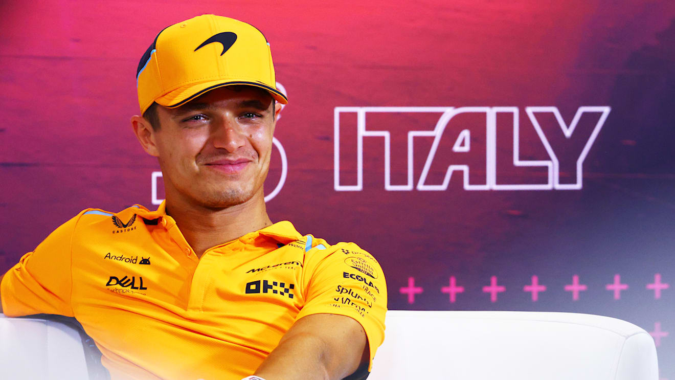 MONZA, ITALY - AUGUST 29: Lando Norris of Great Britain and McLaren attends the Drivers Press Conference during previews ahead of the F1 Grand Prix of Italy at Autodromo Nazionale Monza on August 29, 2024 in Monza, Italy. (Photo by Clive Rose/Getty Images)