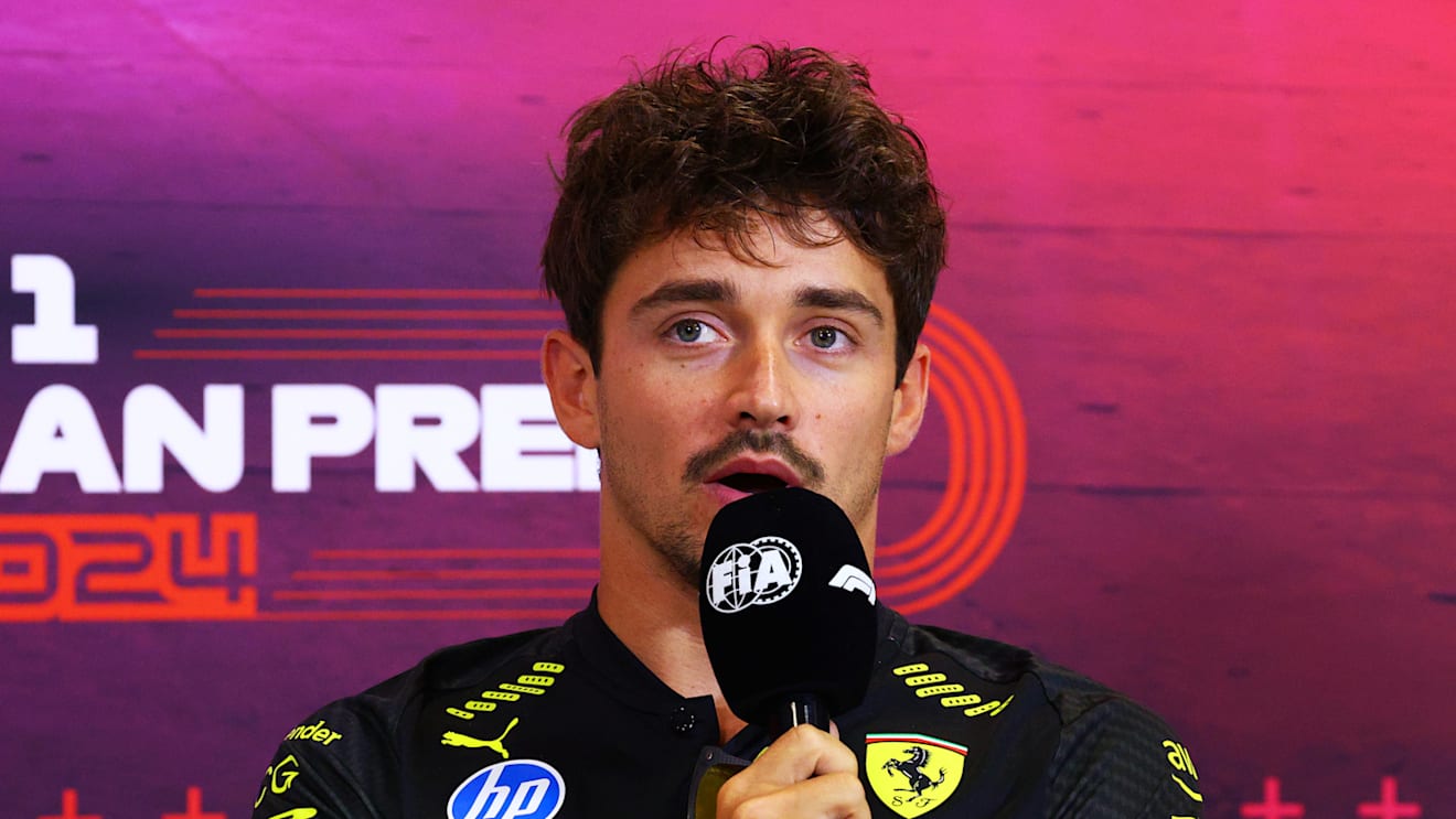 MONZA, ITALY - AUGUST 29: Charles Leclerc of Monaco and Ferrari attends the Drivers Press Conference during previews ahead of the F1 Grand Prix of Italy at Autodromo Nazionale Monza on August 29, 2024 in Monza, Italy. (Photo by Clive Rose/Getty Images)
