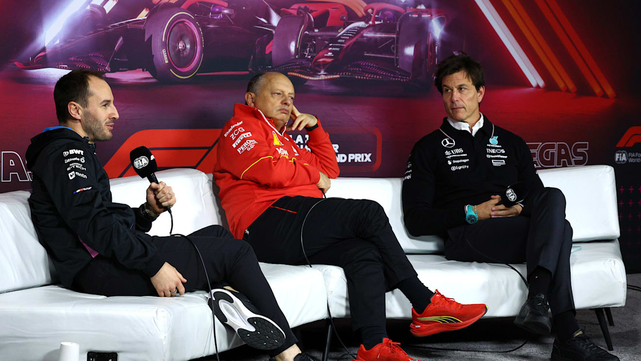 LAS VEGAS, NEVADA - NOVEMBER 21: Oliver Oakes, Team Principal of Alpine F1, Ferrari Team Principal Frederic Vasseur and Mercedes GP Executive Director Toto Wolff attend the Team Principals Press Conference during practice ahead of the F1 Grand Prix of Las Vegas at Las Vegas Strip Circuit on November 21, 2024 in Las Vegas, Nevada. (Photo by Clive Rose/Getty Images)
