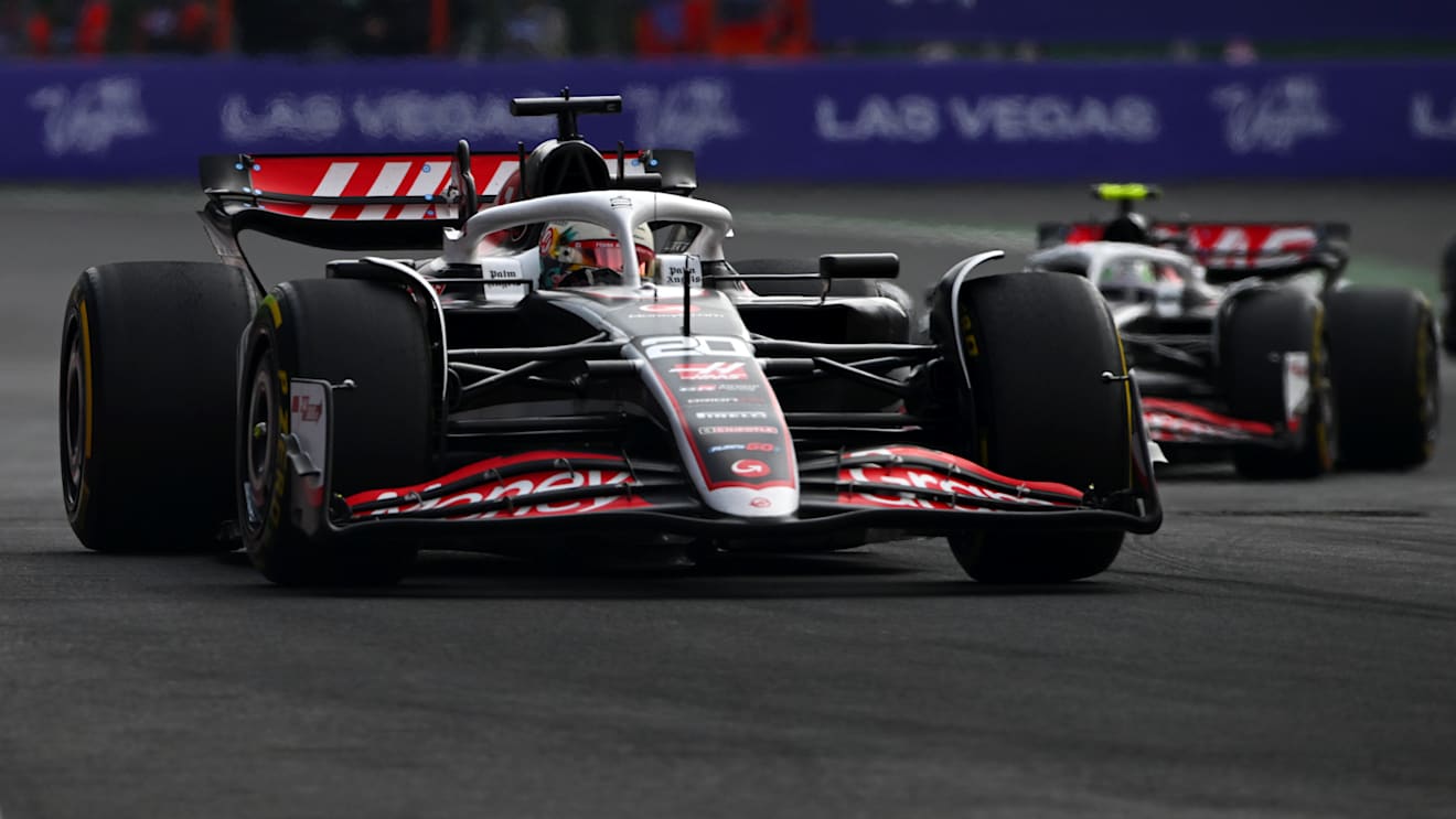 MEXICO CITY, MEXICO - OCTOBER 27: Kevin Magnussen of Denmark driving the (20) Haas F1 VF-24 Ferrari leads Nico Hulkenberg of Germany driving the (27) Haas F1 VF-24 Ferrari on track during the F1 Grand Prix of Mexico at Autodromo Hermanos Rodriguez on October 27, 2024 in Mexico City, Mexico. (Photo by Rudy Carezzevoli/Getty Images)