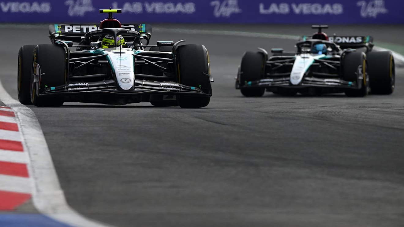 MEXICO CITY, MEXICO - OCTOBER 27: Lewis Hamilton of Great Britain driving the (44) Mercedes AMG Petronas F1 Team W15 leads George Russell of Great Britain driving the (63) Mercedes AMG Petronas F1 Team W15 on track  during the F1 Grand Prix of Mexico at Autodromo Hermanos Rodriguez on October 27, 2024 in Mexico City, Mexico. (Photo by Rudy Carezzevoli/Getty Images)