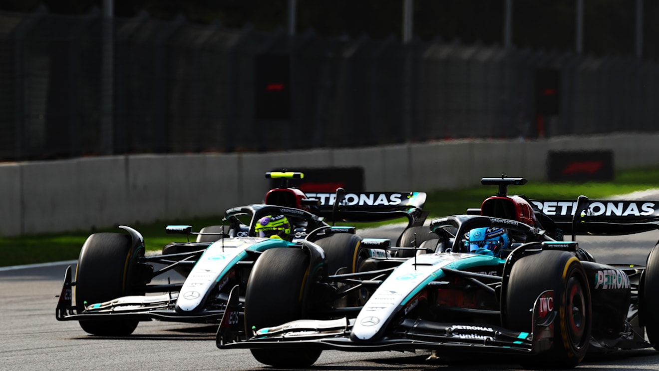 MEXICO CITY, MEXICO - OCTOBER 27: George Russell of Great Britain driving the (63) Mercedes AMG Petronas F1 Team W15 leads Lewis Hamilton of Great Britain driving the (44) Mercedes AMG Petronas F1 Team W15 on track during the F1 Grand Prix of Mexico at Autodromo Hermanos Rodriguez on October 27, 2024 in Mexico City, Mexico. (Photo by Peter Fox - Formula 1/Formula 1 via Getty Images)