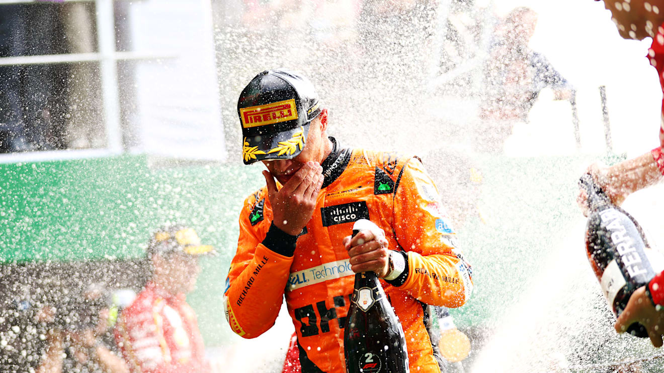 MEXICO CITY, MEXICO - OCTOBER 27: Second placed Lando Norris of Great Britain and McLaren celebrates on the podium after the F1 Grand Prix of Mexico at Autodromo Hermanos Rodriguez on October 27, 2024 in Mexico City, Mexico. (Photo by Bryn Lennon - Formula 1/Formula 1 via Getty Images)