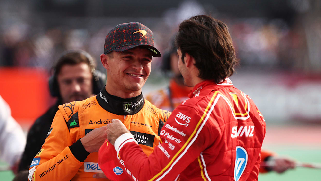 MEXICO CITY, MEXICO - OCTOBER 27: Race winner Carlos Sainz of Spain and Ferrari and Second placed Lando Norris of Great Britain and McLaren celebrate in parc ferme during the F1 Grand Prix of Mexico at Autodromo Hermanos Rodriguez on October 27, 2024 in Mexico City, Mexico. (Photo by Jared C. Tilton/Getty Images)