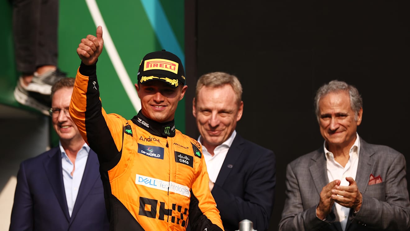 MEXICO CITY, MEXICO - OCTOBER 27: Second placed Lando Norris of Great Britain and McLaren celebrates on the podium after the F1 Grand Prix of Mexico at Autodromo Hermanos Rodriguez on October 27, 2024 in Mexico City, Mexico. (Photo by Jared C. Tilton/Getty Images)