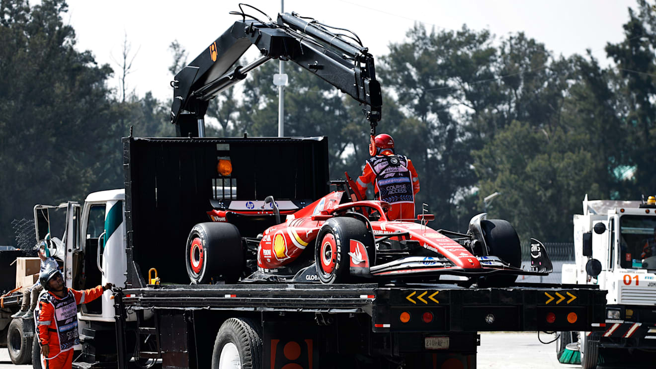 MEXICO CITY, MEXICO - OCTOBER 25: The car of Oliver Bearman of Great Britain and reserve driver for Ferrari is recovered from the track after a crash during practice ahead of the F1 Grand Prix of Mexico at Autodromo Hermanos Rodriguez on October 25, 2024 in Mexico City, Mexico. (Photo by Chris Graythen/Getty Images)