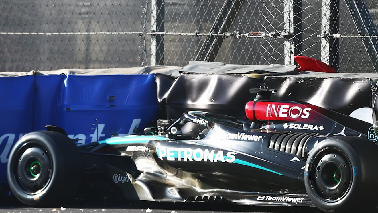 MEXICO CITY, MEXICO - OCTOBER 25: The car of George Russell of Great Britain and Mercedes is seen in the track barrier after crashing during practice ahead of the F1 Grand Prix of Mexico at Autodromo Hermanos Rodriguez on October 25, 2024 in Mexico City, Mexico. (Photo by Peter Fox - Formula 1/Formula 1 via Getty Images)