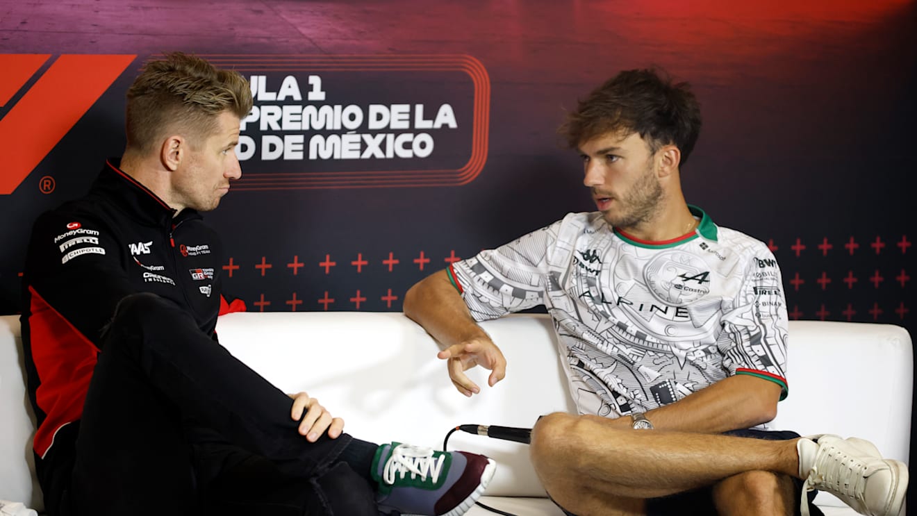 MEXICO CITY, MEXICO - OCTOBER 24: Nico Hulkenberg of Germany and Haas F1 and Pierre Gasly of France and Alpine F1 talk in the Drivers Press Conference during previews ahead of the F1 Grand Prix of Mexico at Autodromo Hermanos Rodriguez on October 24, 2024 in Mexico City, Mexico. (Photo by Chris Graythen/Getty Images)